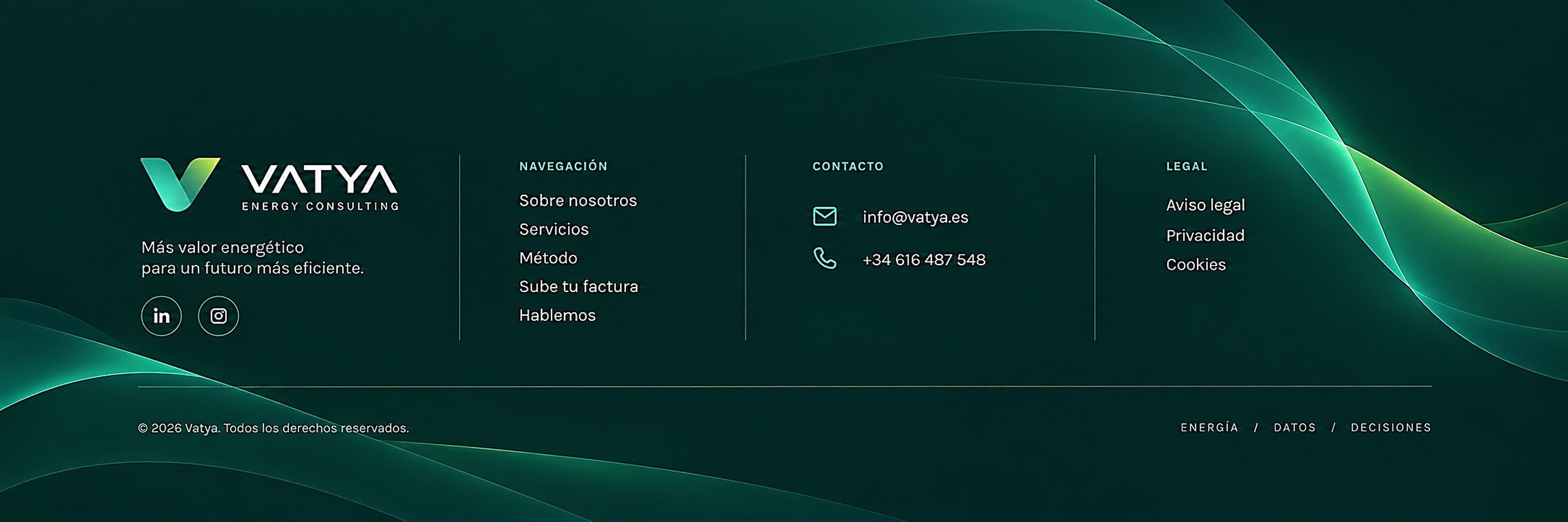 Vatya — Más valor energético para un futuro más eficiente. Navegación: Sobre nosotros, Servicios, Método, Sube tu factura, Hablemos. Contacto: info@vatya.es, +34 616 487 548. Legal: Aviso legal, Privacidad, Cookies. © Vatya. Energía, Datos, Decisiones.