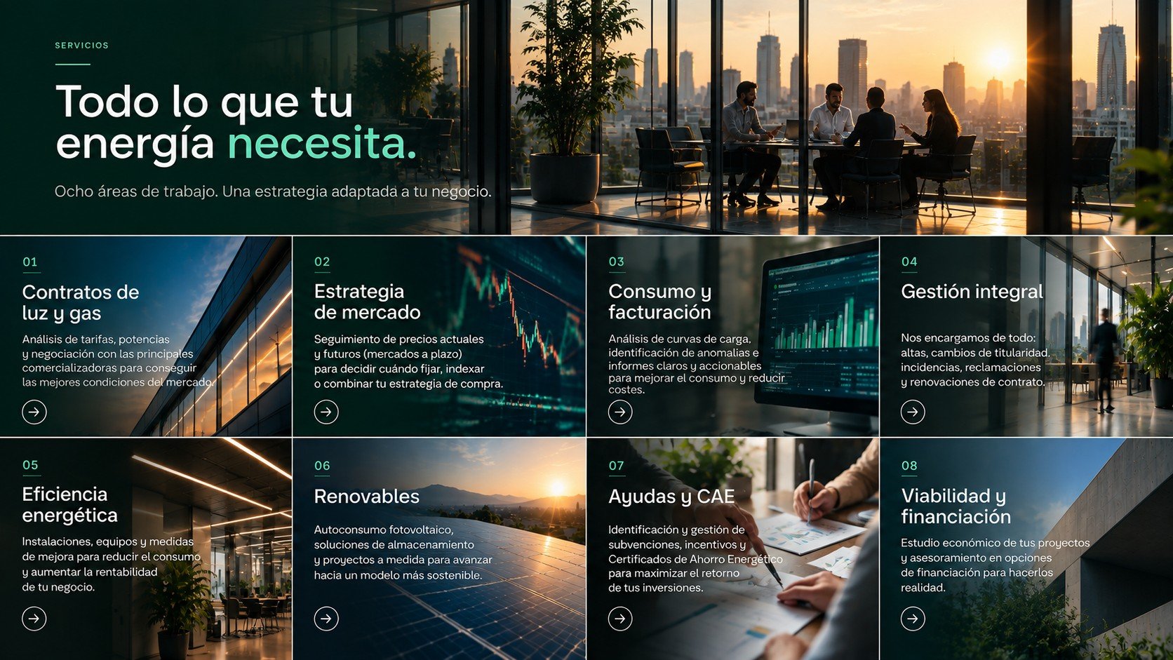 Todo lo que tu energía necesita — ocho áreas de trabajo: contratos de luz y gas, estrategia de mercado, consumo y facturación, gestión integral, eficiencia energética, renovables, ayudas y CAE, viabilidad y financiación.